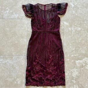 NWOT Taylor Burgundy/Maroon Embroidered Flutter Sleeve Sheath Dress, Size 2